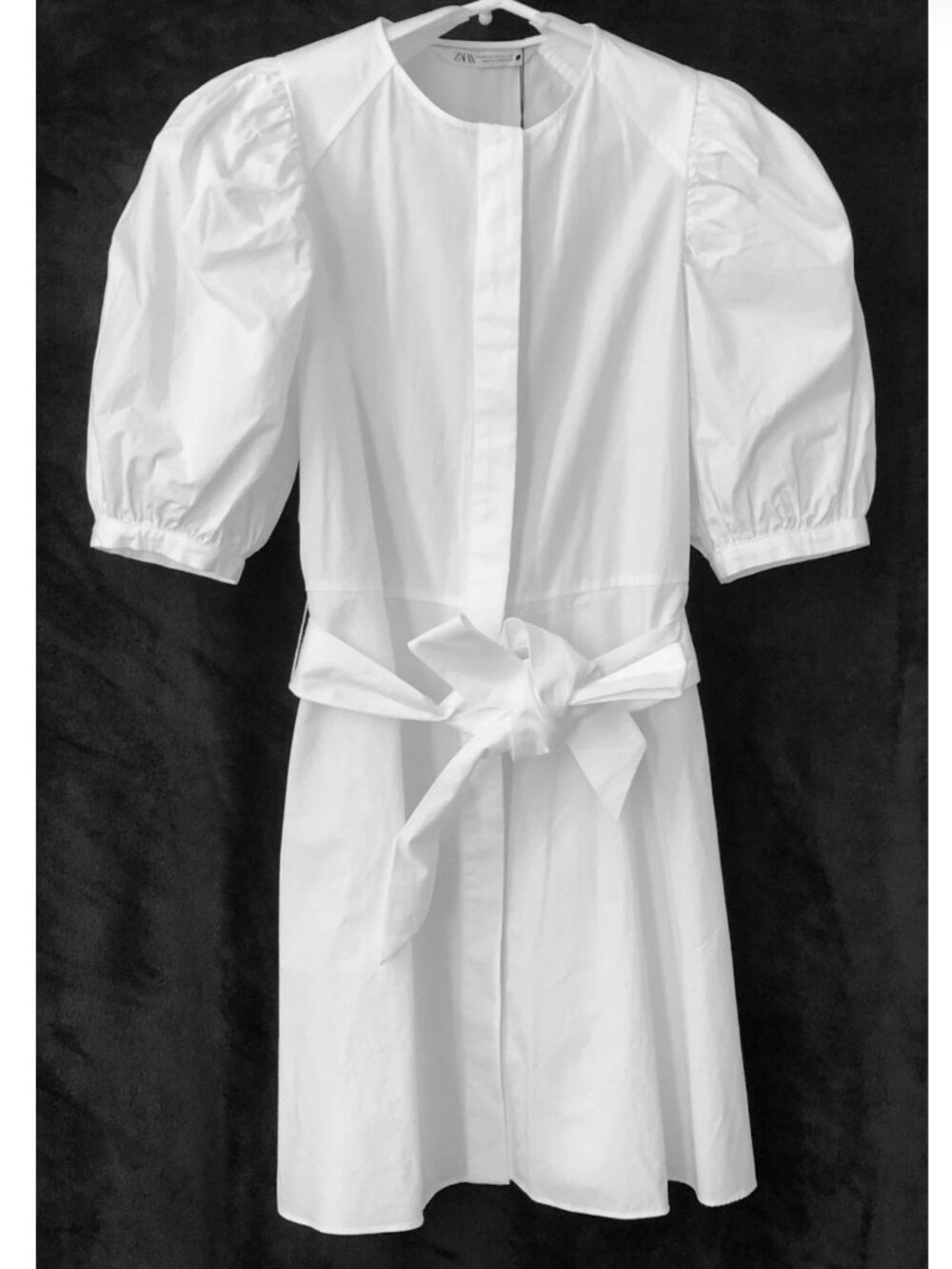 NWT ZARA White Button-Up Cotton Shirt Dress - Puff Sleeves - Belted Waist
